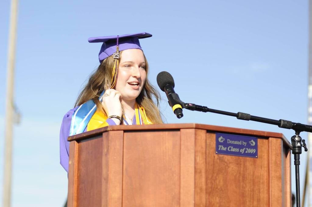 Sequim Gazette photos by Matthew Nash
Keira Morey was one of six valedictorians to speak at graduation. She encouraged fellow graduates to be kind, inspired and daring.