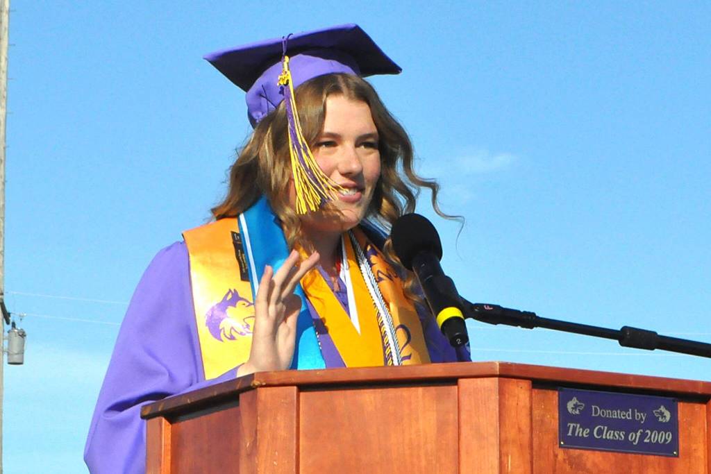 Sequim Gazette photo by Matthew Nash/ Skylar Krzyworz, a 2025 Sequim High School valedictorian, told fellow graduates that while each graduate has a different path, no matter where we end up, we will always share the halls of Sequim high school.