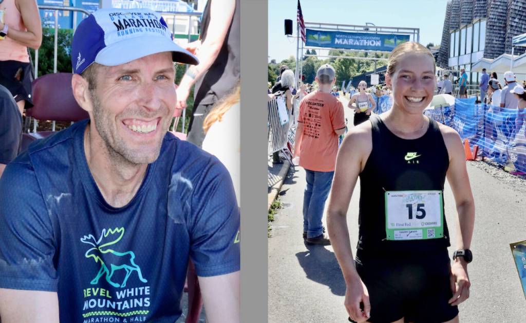 The North Olympic Discovery Marathons male winner, left, Jeff Greene of Leesburg, Va., and the female winner, Lauren Larson of Port Angeles/Boise State.