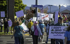 Sequim Gazette photo by Emily Matthiessen/ A "No Kings" protest against the Trump administration organized by Sequim Indivisible is among approximately 2,000 such protests scheduled to take place Saturday, June 14, in cities and communities in all 50 states. The protest in Sequim will take place from noon to 2 p.m. at Washington Street and North Priest Road. This photo was taken during a protest in Sequim in May.