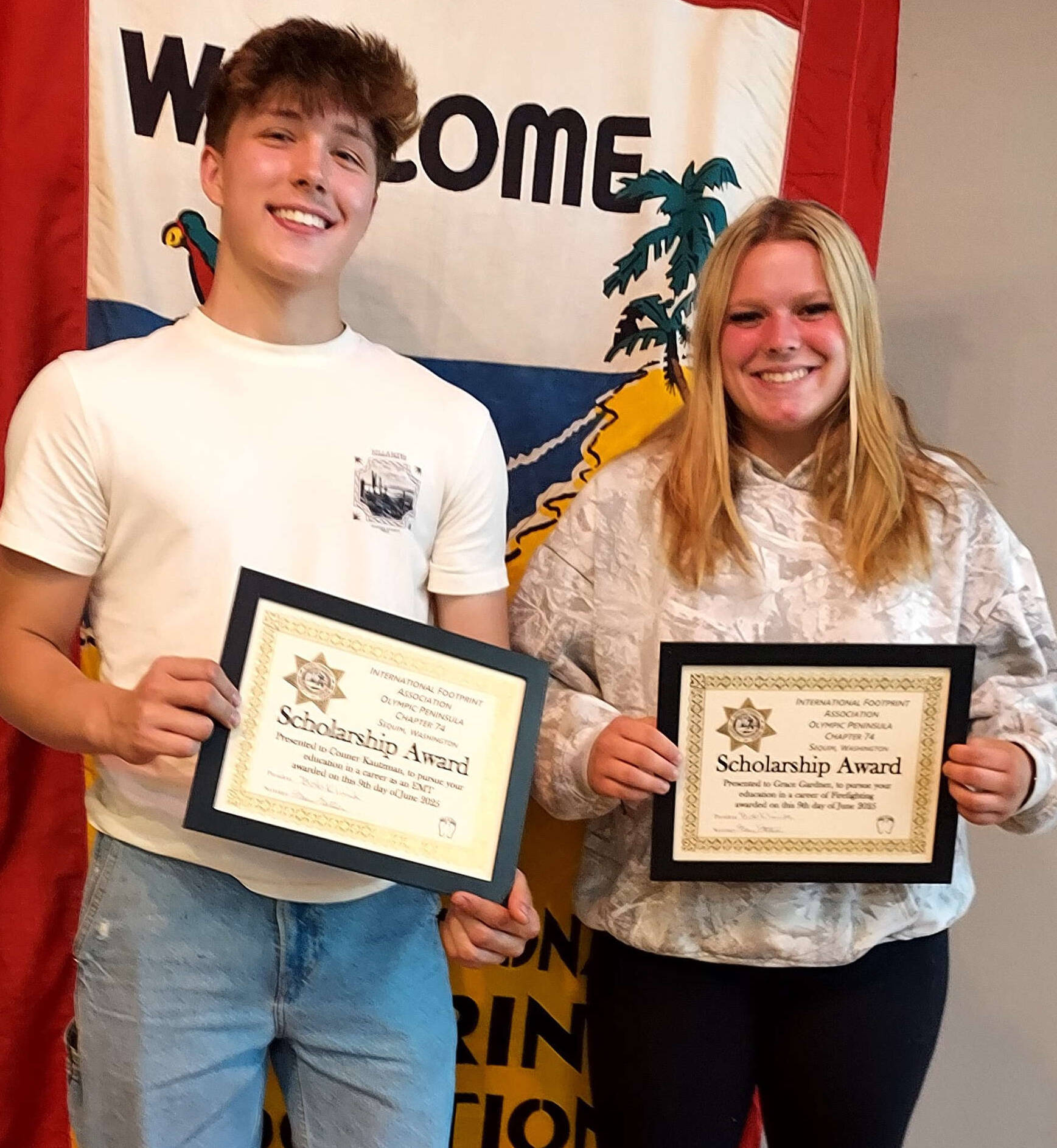 Photo courtesy Olympic Peninsula Footprinters
Sequim graduating seniors Conner Kautzman and Grace Gardner, both of whom plan careers as first responders, were recently presented scholarships from Olympic Peninsula Footprinters.