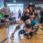 Port Scandalous Roller Derby team the Scandals Olivia Wray, aka Small Fry, was bestowed with the MVP Jammer title by the opposing team, Olympias South Sound Roller Derby, after a high-adrenaline bout at the Boys and Girls Club of Sequim on Saturday evening. Wray (in the helmet bearing a star) suffered a minor injury or two but kept going.