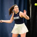 Photo courtesy George Fox University/ Kalli Wiker, a 2021 Sequim High School graduate, seen in a March match-up for George Fox University, plans to begin her doctorate program this August to become a physical therapist. She was a three sport athlete for SHS and won the 2A State Girls Doubles title in 2019 with Jessica Dietzman.