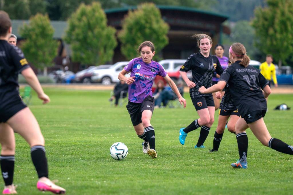 Photo by Devin Beck
Sabrina Wilk with the Northern Peninsula Football Club womens team Blaze advances the ball on June 19 against St. Paul U19 Blackhawks at the Albert Haller Playfields in Sequim. The Blaze won 1-0.