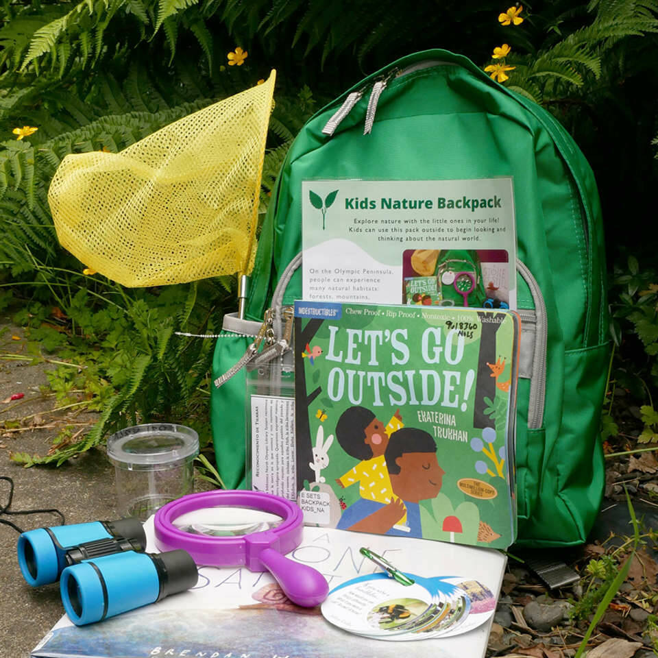 Photo courtesy of NOLS/ The North Olympic Library System's Kids Nature Backpack, available for checkout, includes binoculars, picture books and more.