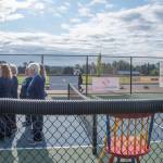 Sequim Gazette photo by Emily Matthiessen/ The Grand Olympics Chorus sang the national anthem at the beginning of Fridays round of competitions in the Sequim Fling.