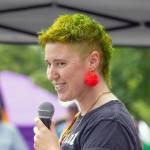 Sequim Gazette photo by Emily Matthiessen/ Clallam Countys first poet laureate, Jaiden Dokken was the marshal for Sequims Pride parade on Saturday and shared a poem before a large crowd at the farmers market.