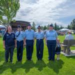 Sequim Gazette photo by Emily Matthiessen/The Dungeness Composite Squadron of the Civil Air Patrol was the color guard at the opening ceremony for the Independence Day celebration at Carrie Blake Community Park in Sequim on Friday, July 4. Pictured from left, are Elizabeth Nickel, Robert M. Rodoni, Harley Bullington, Alexandra Edgecombe, Piper Bullington and Gwen Evans.