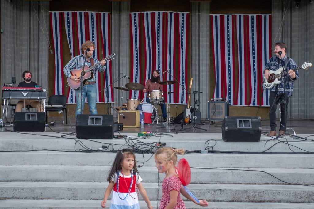 Sequim Gazette photo by Emily Matthiessen/ Casey Freedom and band play during Sequim Citys Independence Day celebration at the James Center Bandshell in Carrie Blake Community Park on Friday.