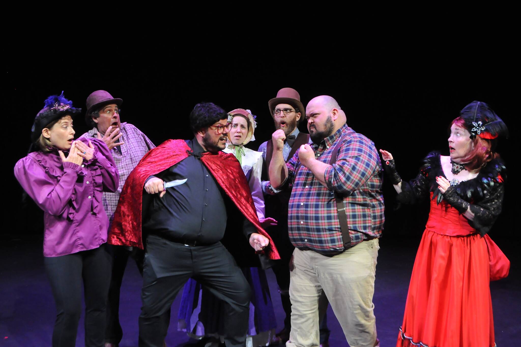Sequim Gazette photo by Matthew Nash
Villain Douglas Graves (Kyle Bartholick) and hero Loddon Blue (Mario Arruda), both front center, face off in Olympic Theatre Arts Lavender Legacies: A Melodrama. Shows are set from July 11-27.