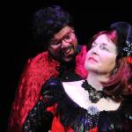 Sequim Gazette photo by Matthew Nash/ As Douglas Graves, the villain, actor Kyle Bartholick looks to take over Sequim and the world from townsfolk like Little Lottie (Joodie Klinke) in OTAs Lavender Legacies.