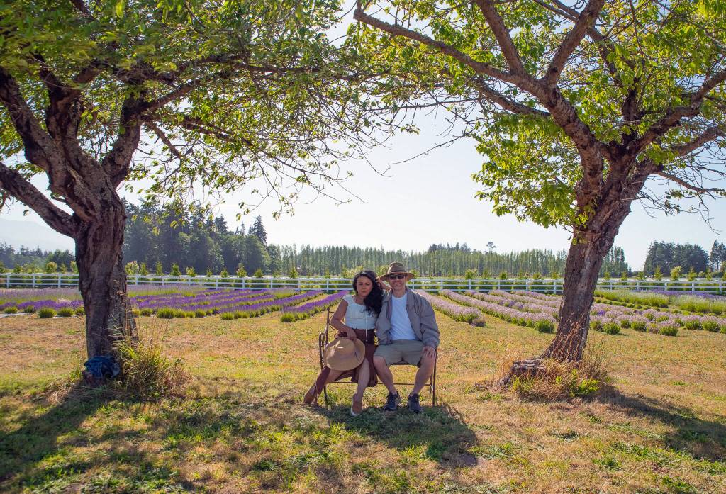 Sequim Gazette photos by Emily Matthiessen
Vanessa and Rich Quigley of Renton pause during a visit to the Olympic Bluffs Cidery and Lavender Farm.