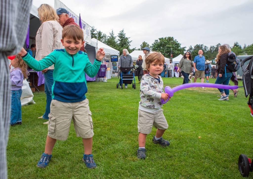 Sequim Gazette photo3 by Emily Matthiessen 
Jack Howell, 5, and his little brother Tommy, 2, of Yelm play with balloon swords at Carrie Blake Community Park during the 2025 Lavender Festival.