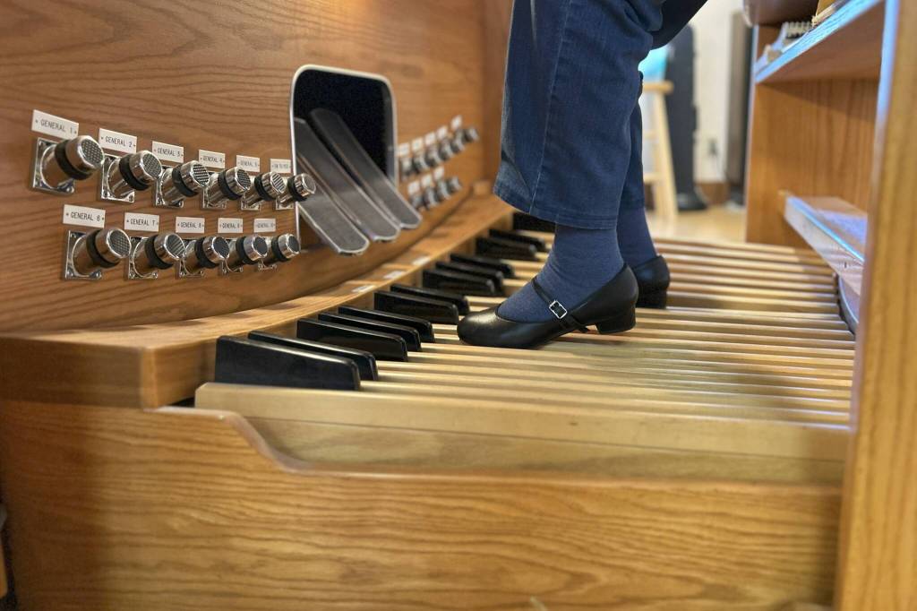 Sequim Gazette photo by Matthew Nash/ Pat Marcy said the biggest learning curve for playing the organ was the foot pedals. Starting off as a pianist, you dont do all that stuff with your feet, she said.