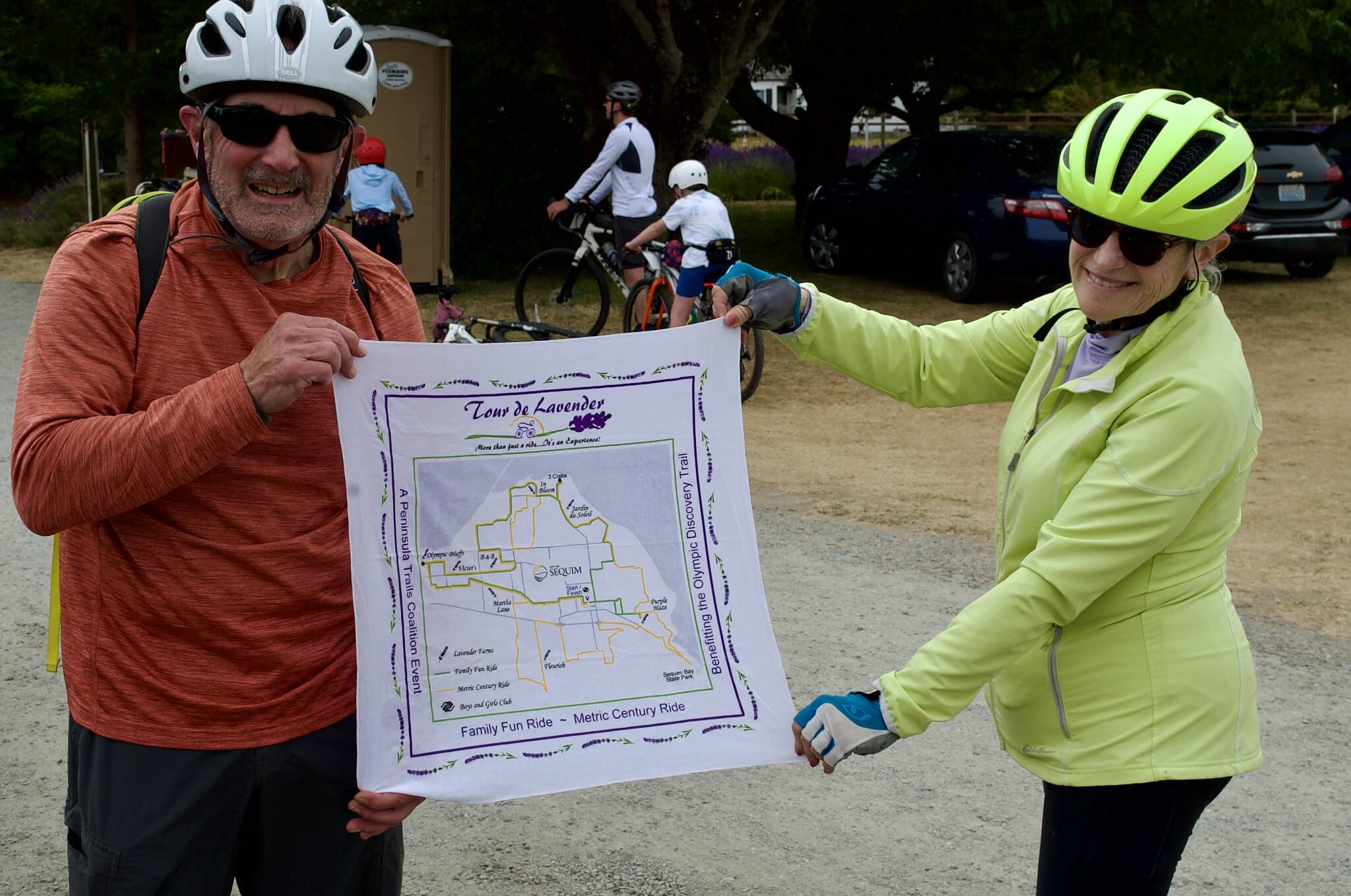 Sequim Gazette photos by Jacques Star
Chuck and Parilee Brenchley from Stanwood show off their 2025 Tour de Lavender map. The couple said they were impressed by both the ride and the hospitality shown by volunteers.