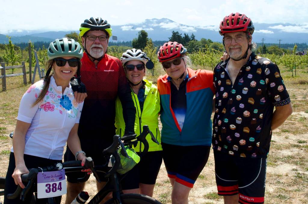 Sequim Gazette photos by Jacques Star
From left, Abby Coburn, David Coburn, Diana Coburn, Rachel Coburn and Jeff Coburn pause for a snapshot during the Saturday, Aug. 2, Tour de Lavender annual event sponsored by the Peninsula Trails Coalition. All are from Missoula, Mont. and all, with the exception of Abby, now reside locally.