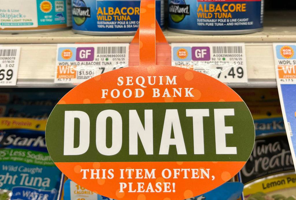Tags on grocery store shelves alert shoppers to items desired by the Sequim Food Bank.