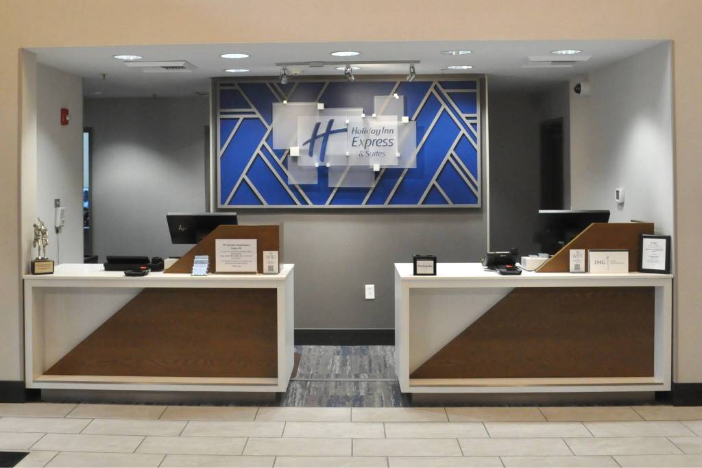 Sequim Gazette photo by Matthew Nash/ The Holiday Inn Express & Suites front desk was part of a recent remodel, and staff are happy to say if you call the hotels main line at 360-681-8756, youll always be in touch with a real person.