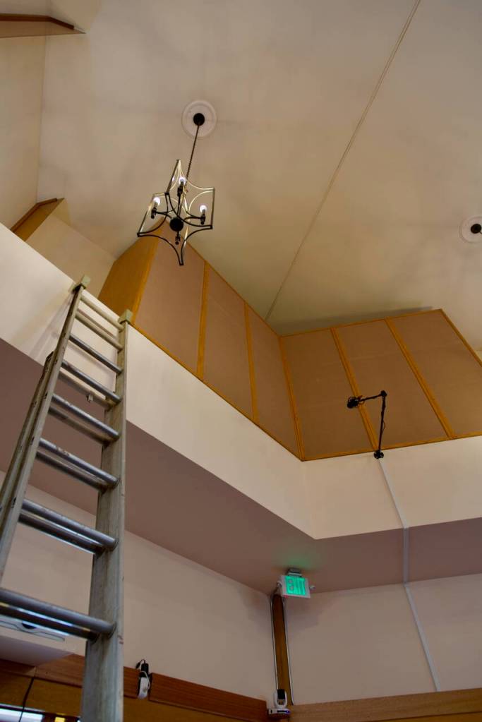 The custom-built organ speaker cabinets are currently being repaired. There are 57 speakers in total, with 12 being 12-inch speakers and two being 15-inch speakers mounted in 9-foot tubes.