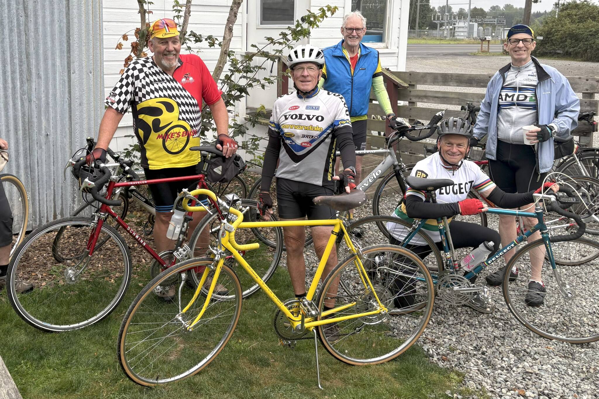 Photo courtesy Spoke Folks Cycling Club
Don Walker of Sequim, center, won the Spoke Folks annual Retro Bike Day event on Sept. 1 riding a 53-year-old Schwinn Pro Sport. Hes pictured with other riders who rode various other brands of vintage bikes.