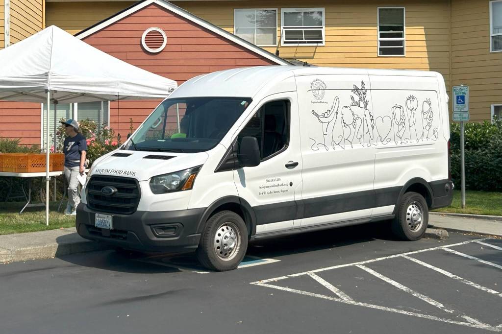 Sequim Gazette photo by Matthew Nash/ Sequim Food Banks Mobile Food Pantry started operations in May and continues through inclement weather to stop at six spots for one hour Tuesday-Friday in the Sequim area, including Olympic Unitarian Universalist Fellowship on Tuesdays, Seabreeze Apartments and the Jamestown SKlallam Tribe campus on Wednesdays, Elk Creek Apartments The Vintage on Thursdays, and Suncrest Village Retirement Community on Fridays.