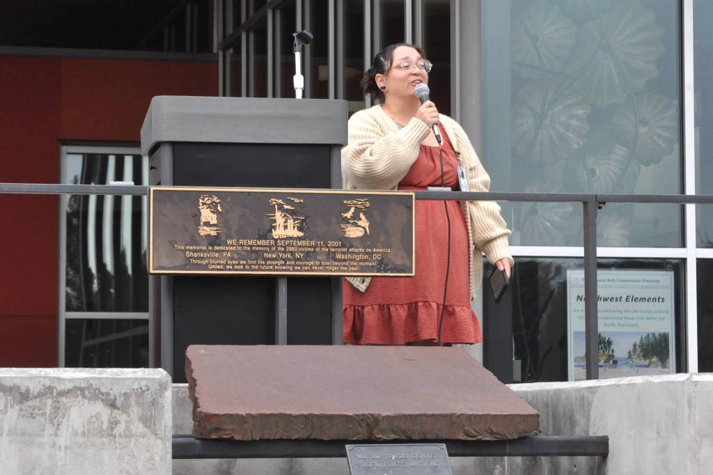 Sequim Gazette photo by Matthew Nash/ Sequim Deputy Mayor Rachel Anderson asks attendees to consider a renewed commitment to honor those that were lost (on 9/11), not only in words, but in the way that we live our lives with kindness and with courage and with care for one another.