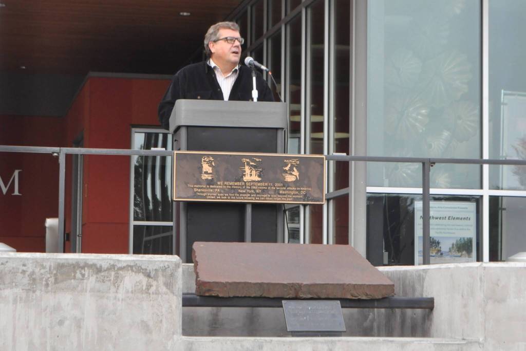 Sequim Gazette photo by Matthew Nash/ Retired Lt. Col. Mark Abshire with the U.S. Air Force encourages attendees at the 9/11 Remembrance Ceremony in Sequim last Thursday to look at each others similarities rather than differences to bring back a sense of togetherness found after the terror attacks 24 years ago.