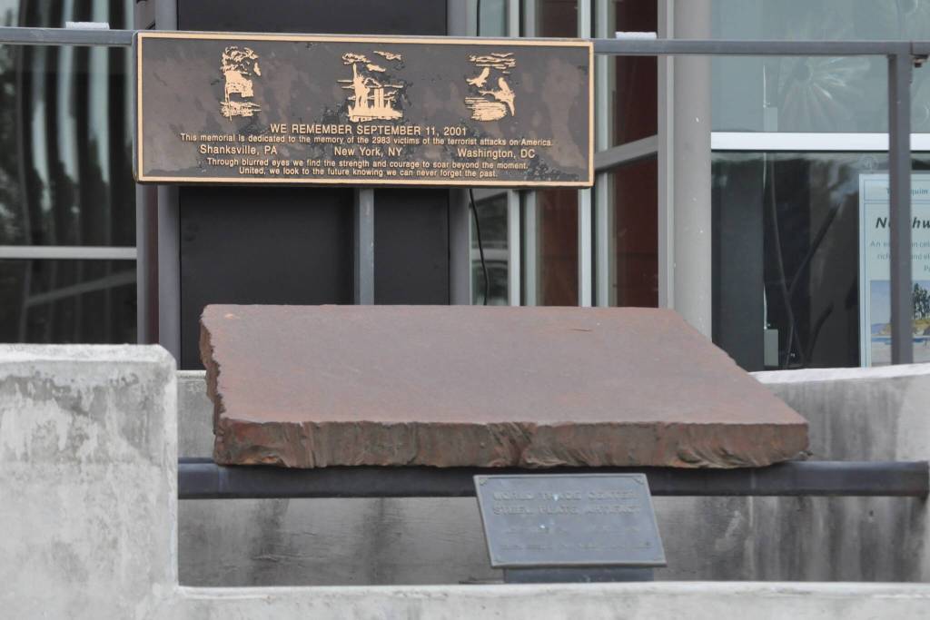 Sequim Gazette photo by Matthew Nash/ The 9/11 memorial at the Sequim Civic Center is available for viewing in the plaza by the flag poles.