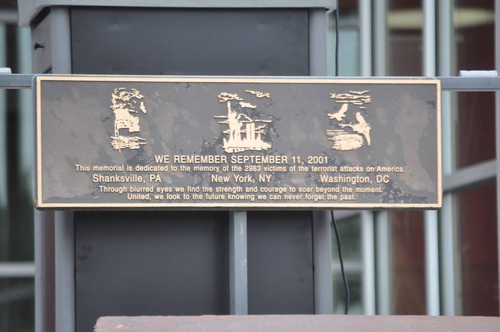Sequim Gazette photo by Matthew Nash/ The 9/11 memorial at the Sequim Civic Center is available for viewing in the plaza by the flag poles.