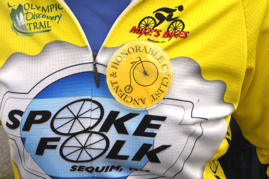 Sequim Gazette photo by Matthew Nash/ Each member of the Ancient and Honorable Cyclists, including Lee Bowen (pictured), receive a button for being at least 80 years old and riding consistently with local bicyclists.