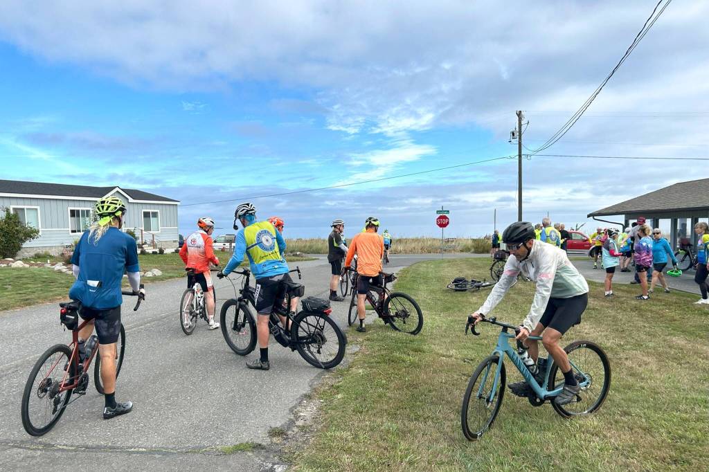 Sequim Gazette photo by Matthew Nash/ Cyclists with various groups, including the Ancient and Honorable Cyclists, a group of 22 people who are at least age 80, prepare to ride along Jamestown Road on Sept. 12.