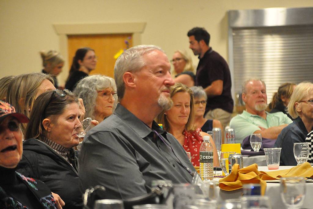 Sequim Gazette photo by Matthew Nash/ Todd Franklin, a 2025 Sequim High School Hall of Fame inductee for his basketball career, listens to his accolades while he is inducted into the Hall of Fame.