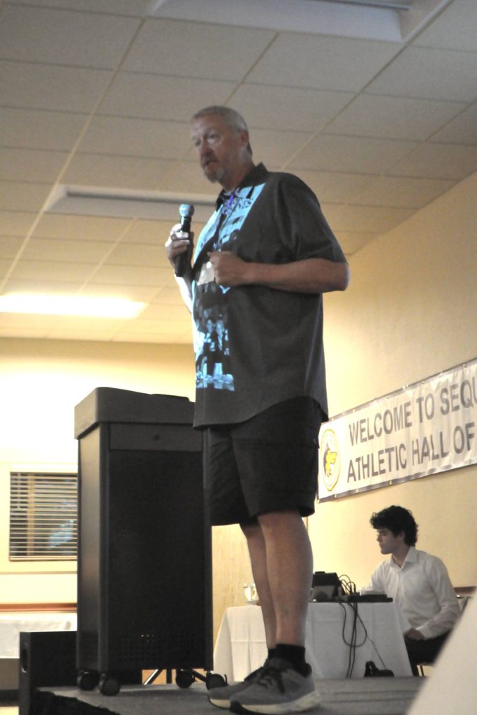 Sequim Gazette photo by Matthew Nash/ Todd Franklin, a 2025 Sequim High School Hall of Fame inductee for his basketball career, thanked his teammates, his parents and his coach, the late Rick Kaps, a 2024 Hall of Fame inductee. I wouldnt be here without some help along the way, he said. This is just a huge honor for me.