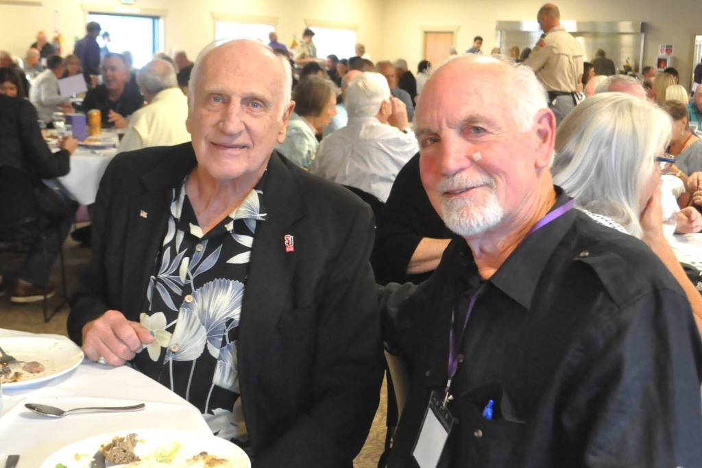 Sequim Gazette photo by Matthew Nash/ Len Beil, right, a 2025 Sequim High School Hall of Fame inductee, sits with his Seattle University teammate Tom Workman, an NBA draft pick, at the ceremony dinner. Beil and Workman made the NCAA tournament and lost to eventual national champion.