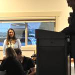 Sequim Gazette photo by Matthew Nash/ Lisa (Fryer) Tuiasosopo, a 2025 Sequim High School Hall of Fame inductee, listens to JD Angiuli list off her accomplishments on and off the field before she is inducted into the Hall of Fame.