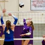 Sequim Gazette photo by Jacque Star/
Sequims Sydney Clark goes up for a spike against Olympic on Sept. 23. The Wolves went on to sweep the Trojans in three sets. Clark went 5-for-6 with two aces, one kill and two digs.