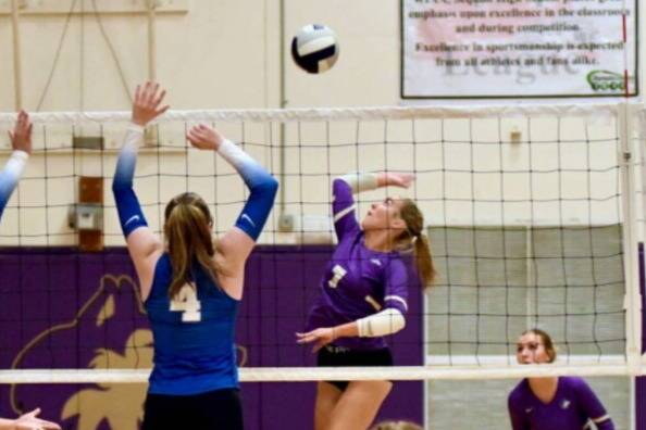 Sequim Gazette photo by Jacque Star/
Sequims Sydney Clark goes up for a spike against Olympic on Sept. 23. The Wolves went on to sweep the Trojans in three sets. Clark went 5-for-6 with two aces, one kill and two digs.