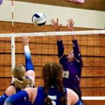 Sequim Gazette photo by Jacque Star/
Kenzie Berglund goes up for a block against Olympic players on Sept. 23.