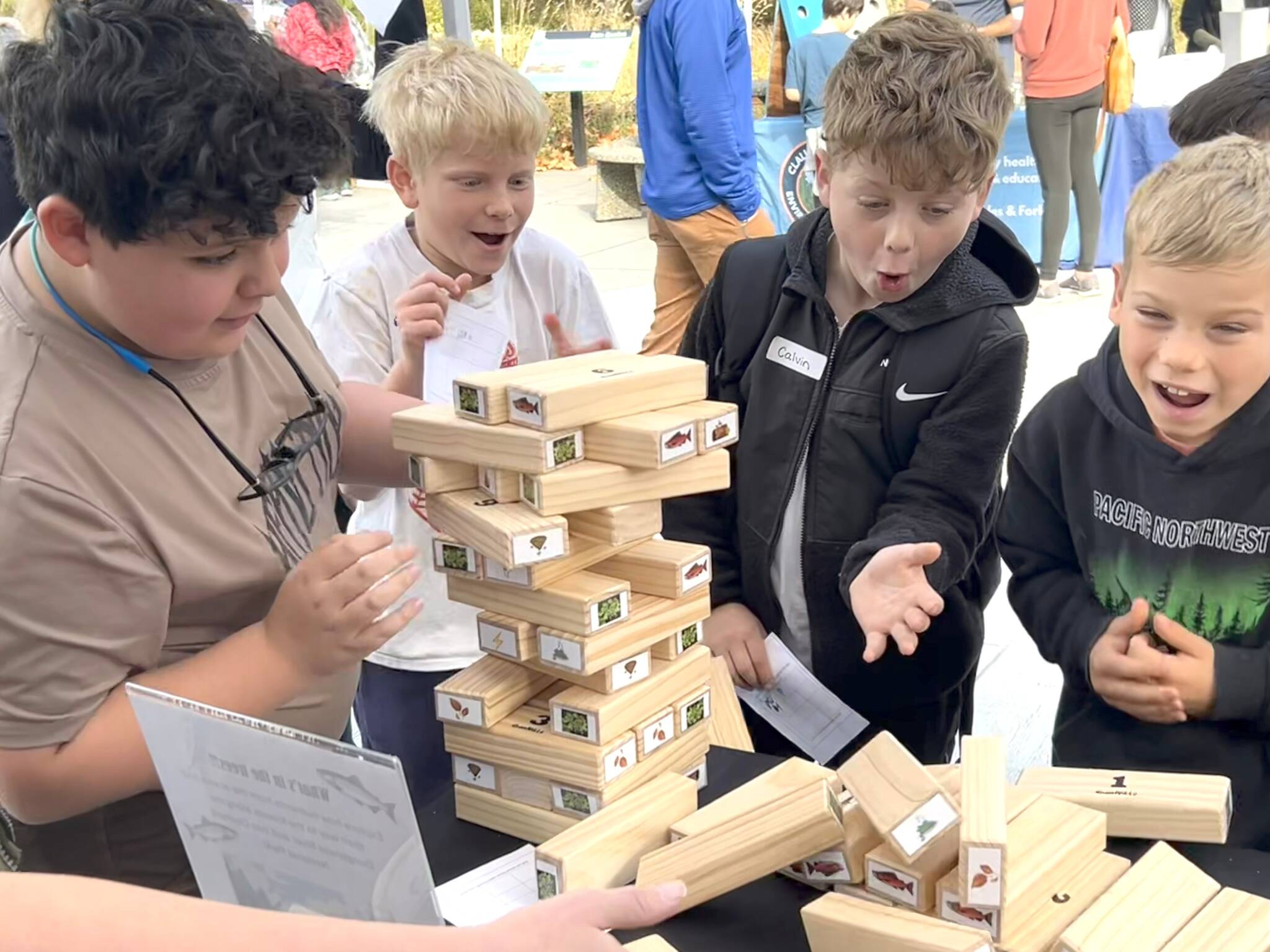 Sequim Gazette photos by Matthew Nash
At the Dungeness River Festival, Helen Haller Elementary third graders, from left, David Hernandez, Kenny Johnson, Calvin Crews, and Carson Holland watch their blocks fall while playing a game with National Park Service staff learning about the importance of salmon in an ecosystem.