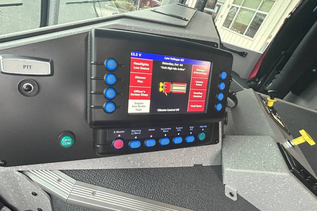 Sequim Gazette photo by Matthew Nash/
Clallam County Fire District 3s new 2025 Spartan Gladiators fire engines have touch screens inside that control lights and other functions.