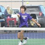 Sequim Gazette photo by Matthew Nash
Josh Loucks, Sequims No. 2 tennis singles player, won his match against North Mason to help the Wolves win 6-1.