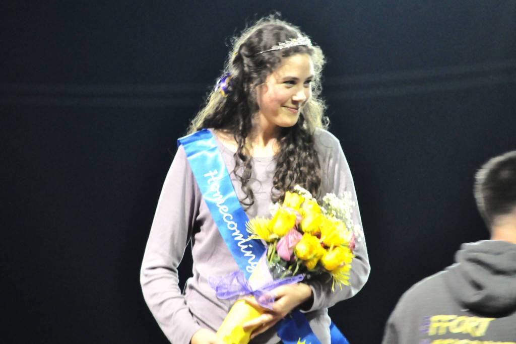 Sequim Gazette photo by Matthew Nash/ Laila Sundin smiles after being crowned duchess at the Homecoming football game on Oct. 3.