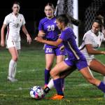 Sequim Gazette photo by Michael Dashiell /
Sequims Raimey Brewer looks for space to put up a shot on goal in the Wolves Oct. 8, 2024 Olympic League game against Kingston. Former Gazette editor Michael Dashiells coverage of Sequims sports teams helped him win First Place, Sports Writer of the Year for Groups 1&2 in the Washington Newspaper Publisher Associations 2025 Better Newspaper Contest.