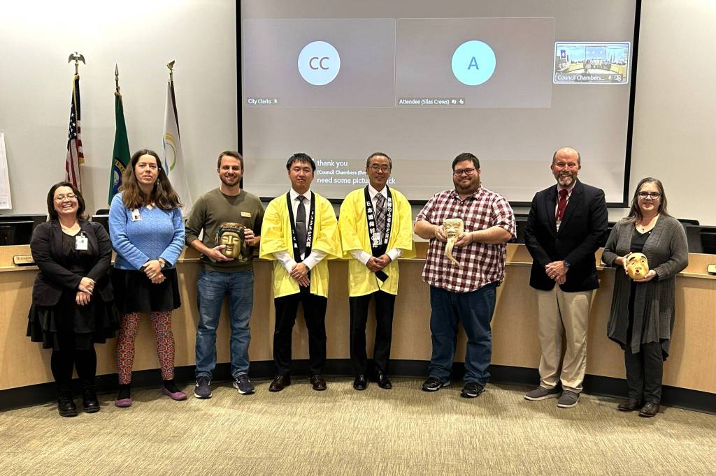 Sequim Gazette photo by Matthew Nash/
Sequim city councilors stand with Shiso City delegates Satoshi Ishihara with the Planning and Coordination Department and Deputy Mayor Kenji Tomita on Oct. 13. Sequim and Shiso City, originally Yamasaki, have been sister cities since 1993.