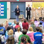 Photo courtesy Rachel Anderson/ Jennie Petit with the Sequim Sister City Association introduces Shiso City, Japans Deputy Mayor Kenji Tomita and Satoshi Ishihara with the Planning and Coordination Department to a class at Greywolf Elementary School last week.