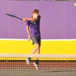 Sequim Gazette photo by Matthew Nash/
Bjorn Henrickson returns a hit in a match with partner Mason Rapelje, not pictured, Oct. 15 against Kingstons No. 1 doubles team.