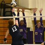 Sequim Gazette photo by Jacques Star
The Wolves Jordyn Julmist and Teagan Neathery look to make a block against a Bainbridge tip on Oct. 14.