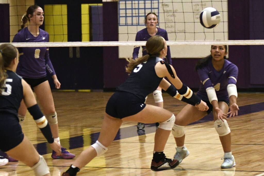 Sequim Gazette photo by Jacques Star
Sequims Kassi Montero reacts to a hit by Bainbridge in a home match-up on Oct. 14.