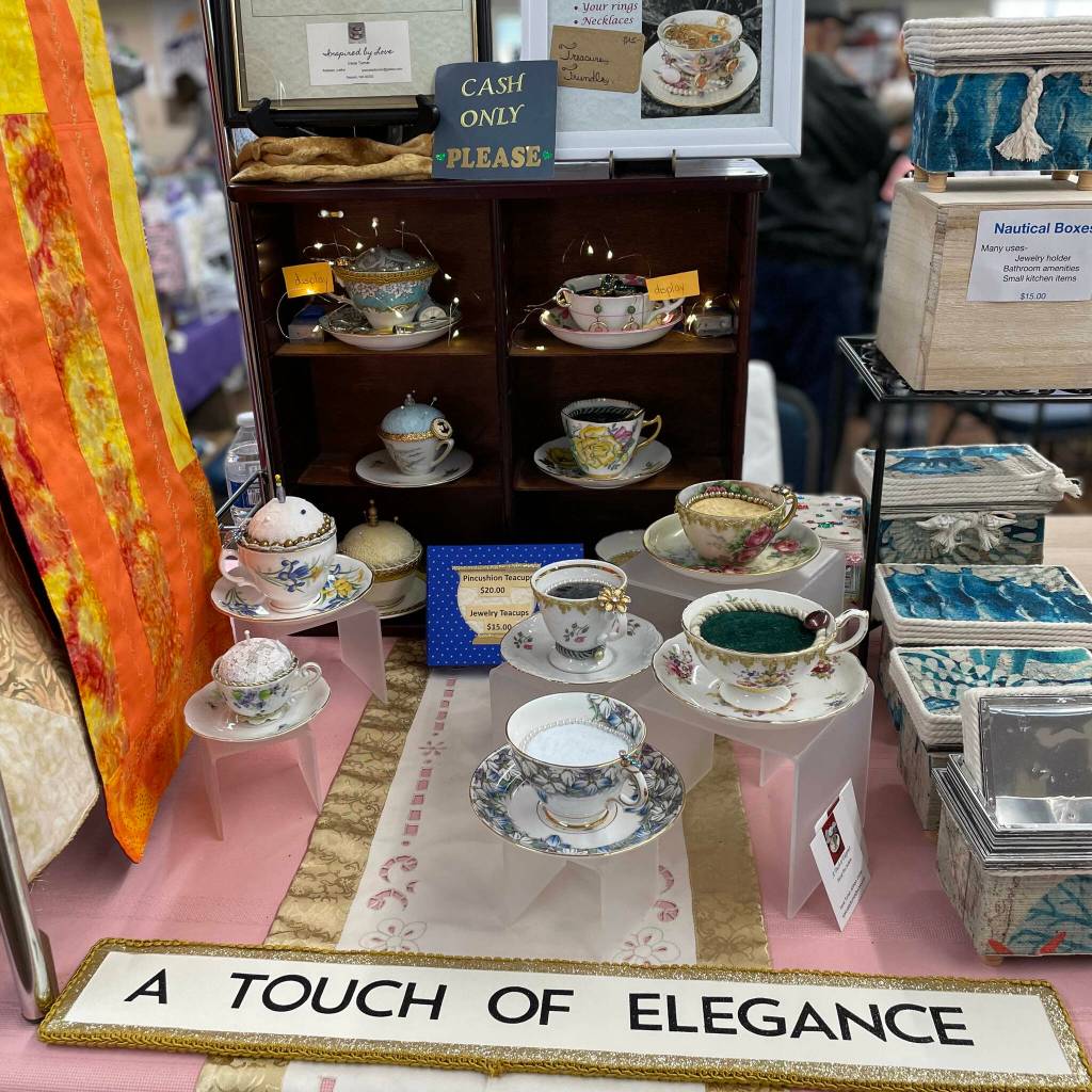 Photo courtesy Irene Turner/ Irene Turners pincushions in delicate teacups are among the unique items that can be purchased at the Shipley Centers Holiday Bazaar.