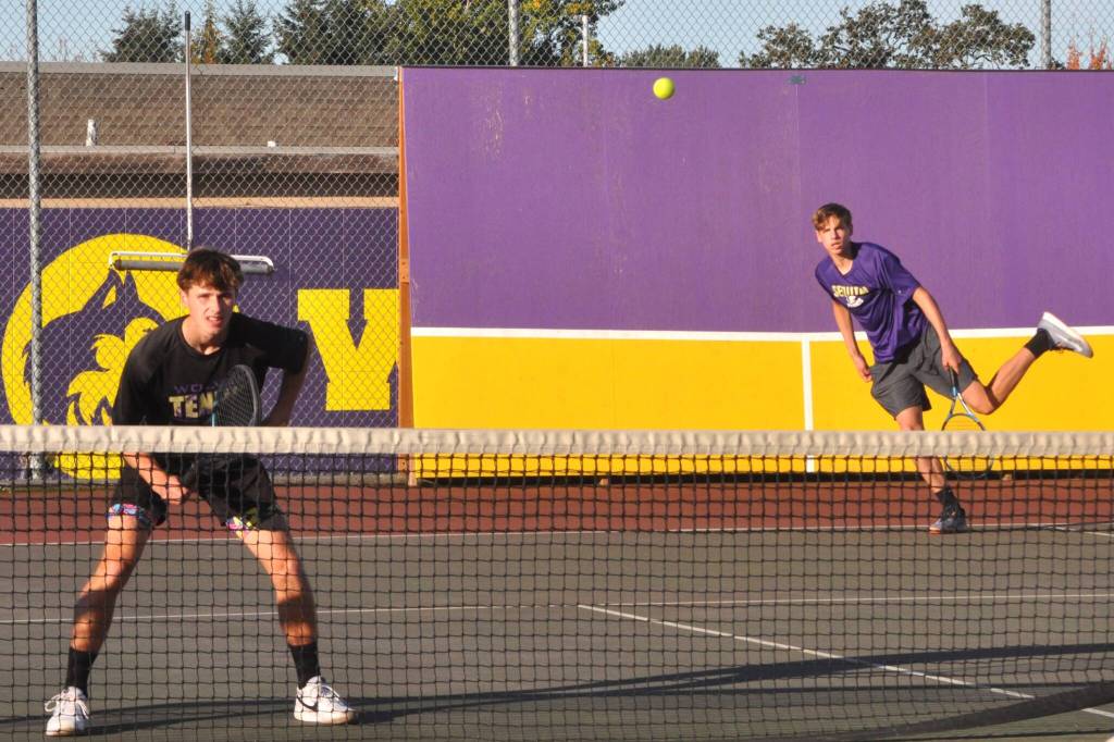 Sequim Gazette file photo by Matthew Nash
Sequims No. 1 doubles team Mason Rapelje, left, and Bjorn Henrikson, pictured at a meet earlier this month, will compete as the only Wolves at the Kitsap Tennis and Athletic Club in Bremerton this week.